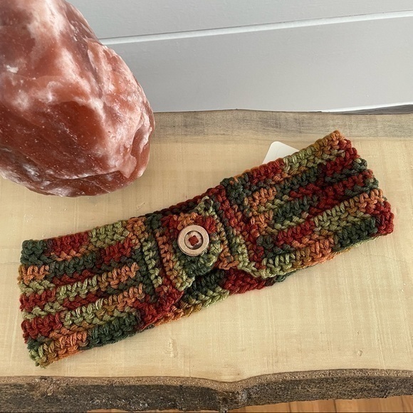 Crafty Cat Accessories - Handmade Crocheted Ear Warmer Headband in Autumn Whimsy Button 25” Winter Gift